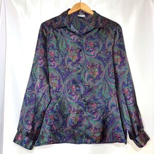Vintage Russ 80s Jewel Tone Satin Paisley Asymmetric Blouse ILGWU USA Medium